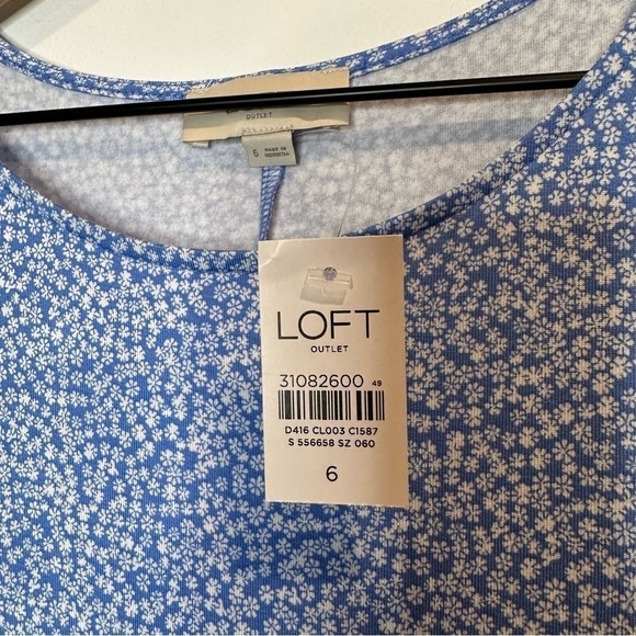 NWT LOFT Women Blue White Geo Floral Cap Sleeve Rayon Stretch Midi Dress Size 6 - Picture 5 of 8